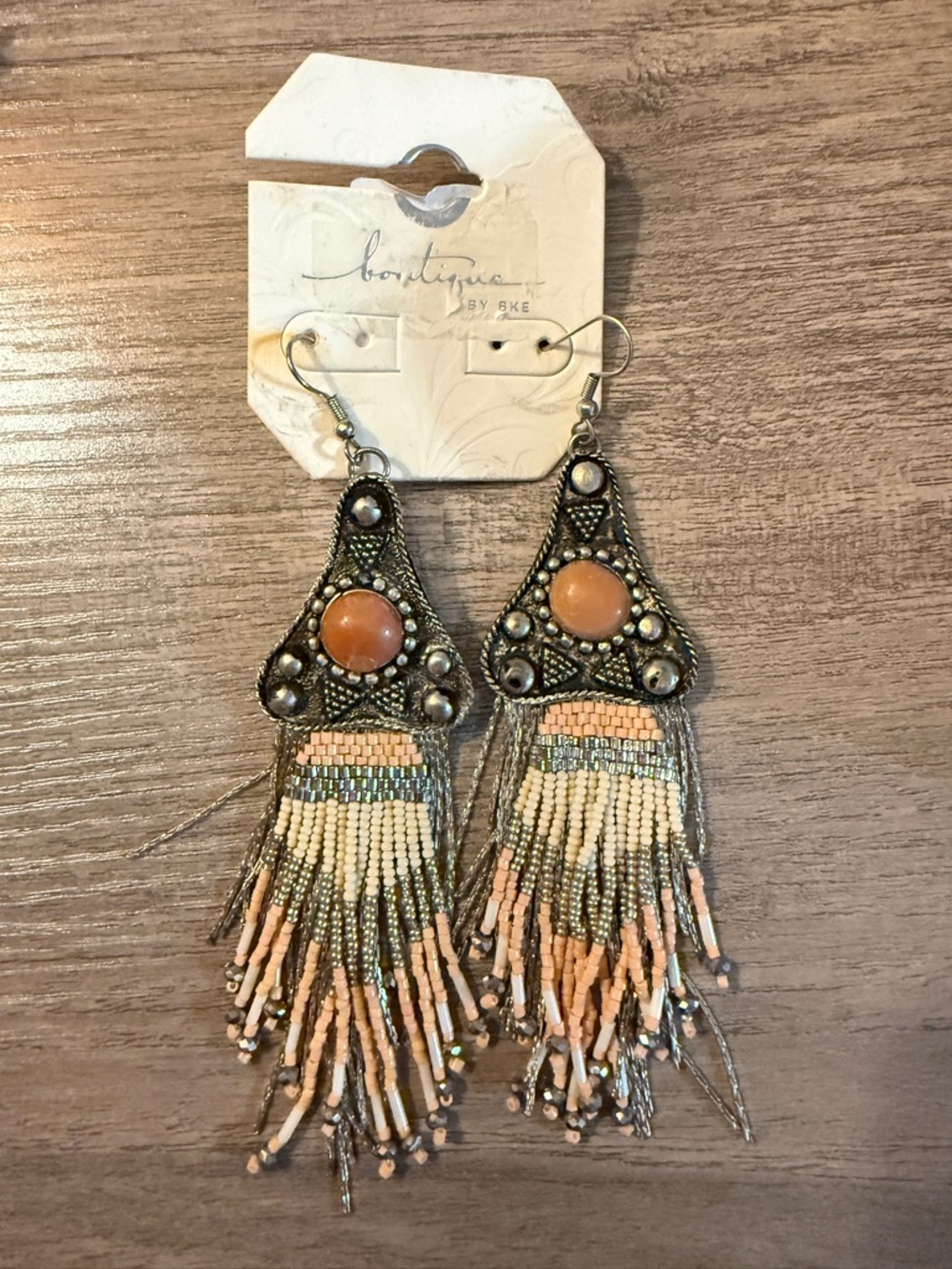 BKE Peach and Cream Beaded Fringe Drop Earrings